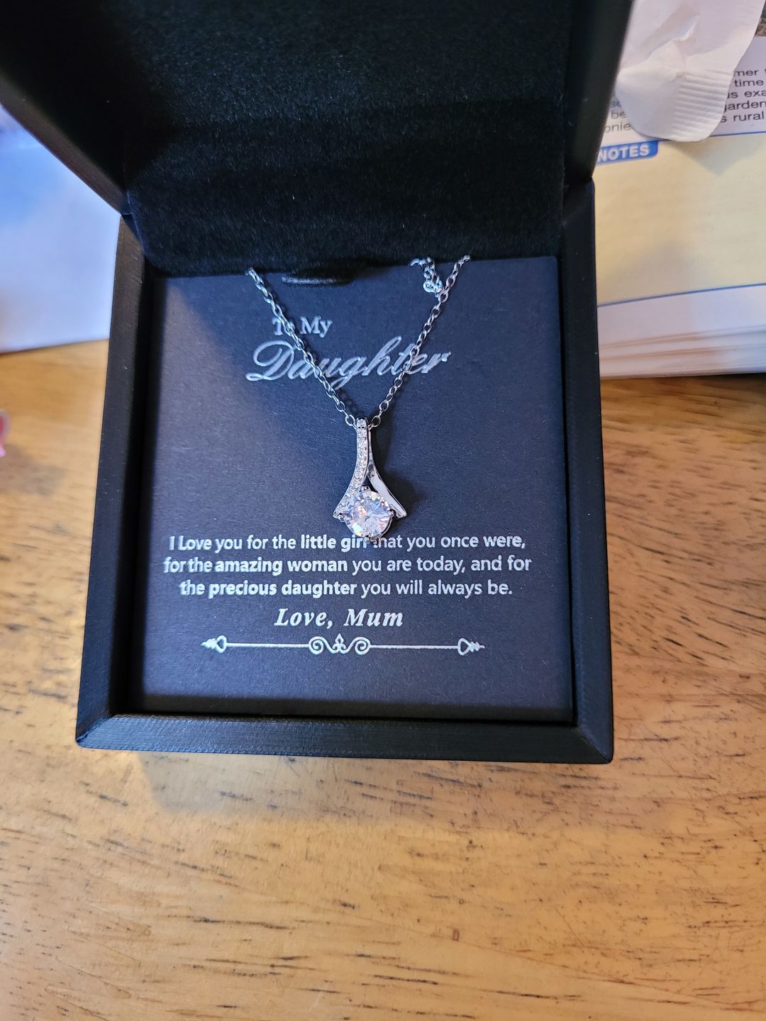 Customer photo review of "TO MY DAUGHTER, LOVE MUM" WHITE GOLD NECKLACE