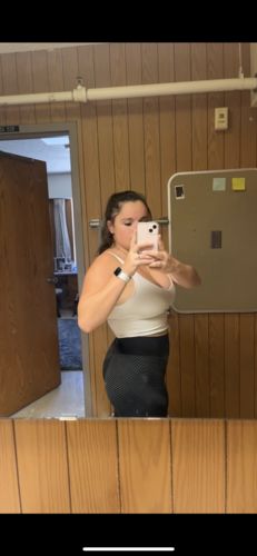 Customer photo review of Black and Grey Fishnet Scrunch Butt Leggings