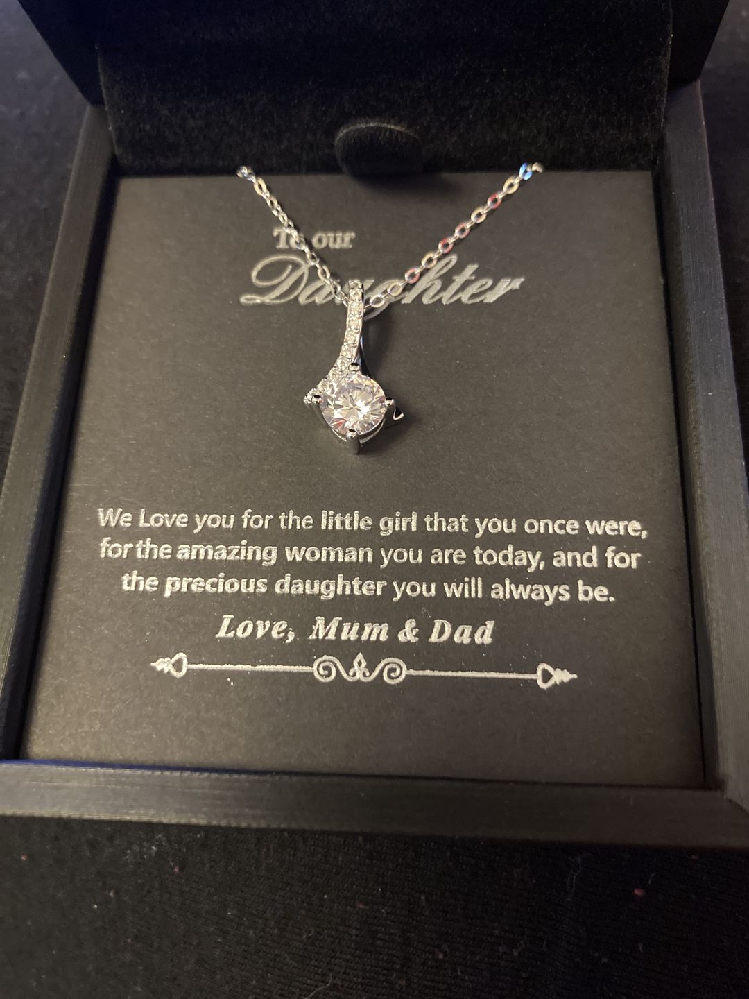 Customer photo review of "TO OUR DAUGHTER, LOVE MUM & DAD" WHITE GOLD NECKLACE