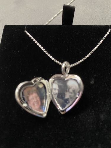 Customer photo review of Scroll Heart Silver Locket