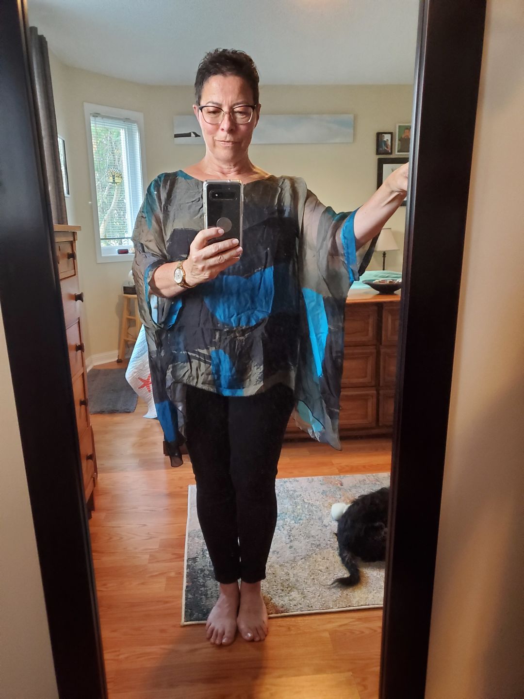Customer photo review of Jackie Silk Blouse (Abstract Dark Teal)