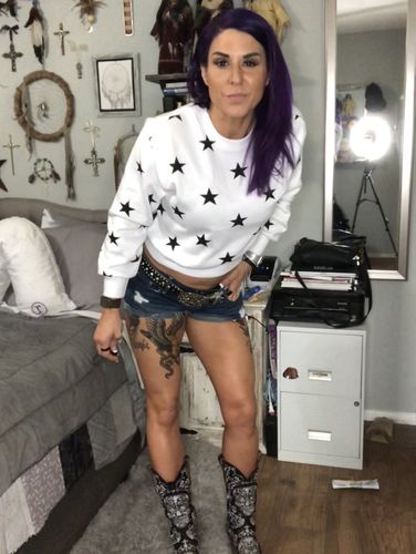 Customer photo review of Ladies Cropped Salty Smile Pullover Sweatshirt | White/Black Stars
