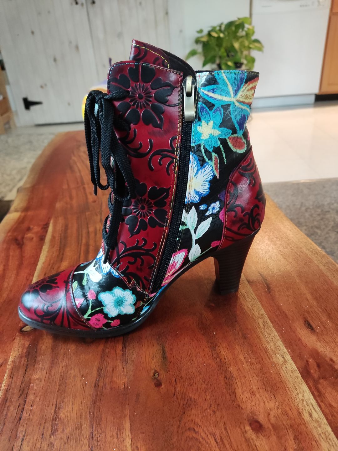 Customer photo review of Leather Hand Embossed Adjustable High Heel Boots