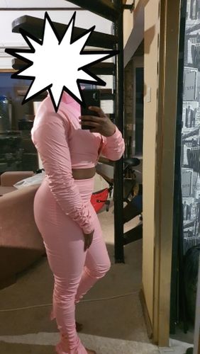 Customer photo review of Solid Color Cool Ruffle Sleeve Midriff-Baring Pants Suit