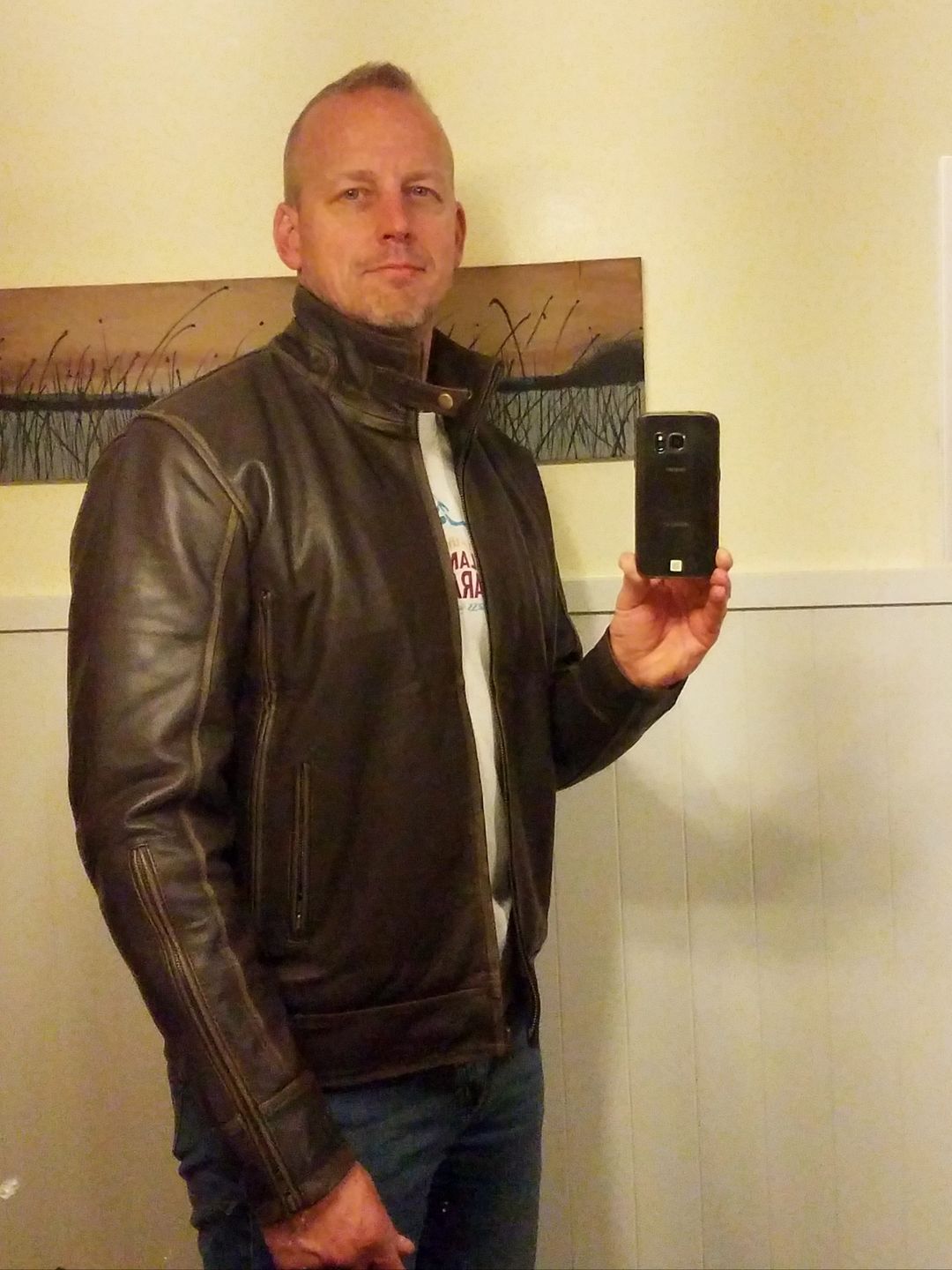 Customer photo review of Brown Cafe Racer Leather Jacket