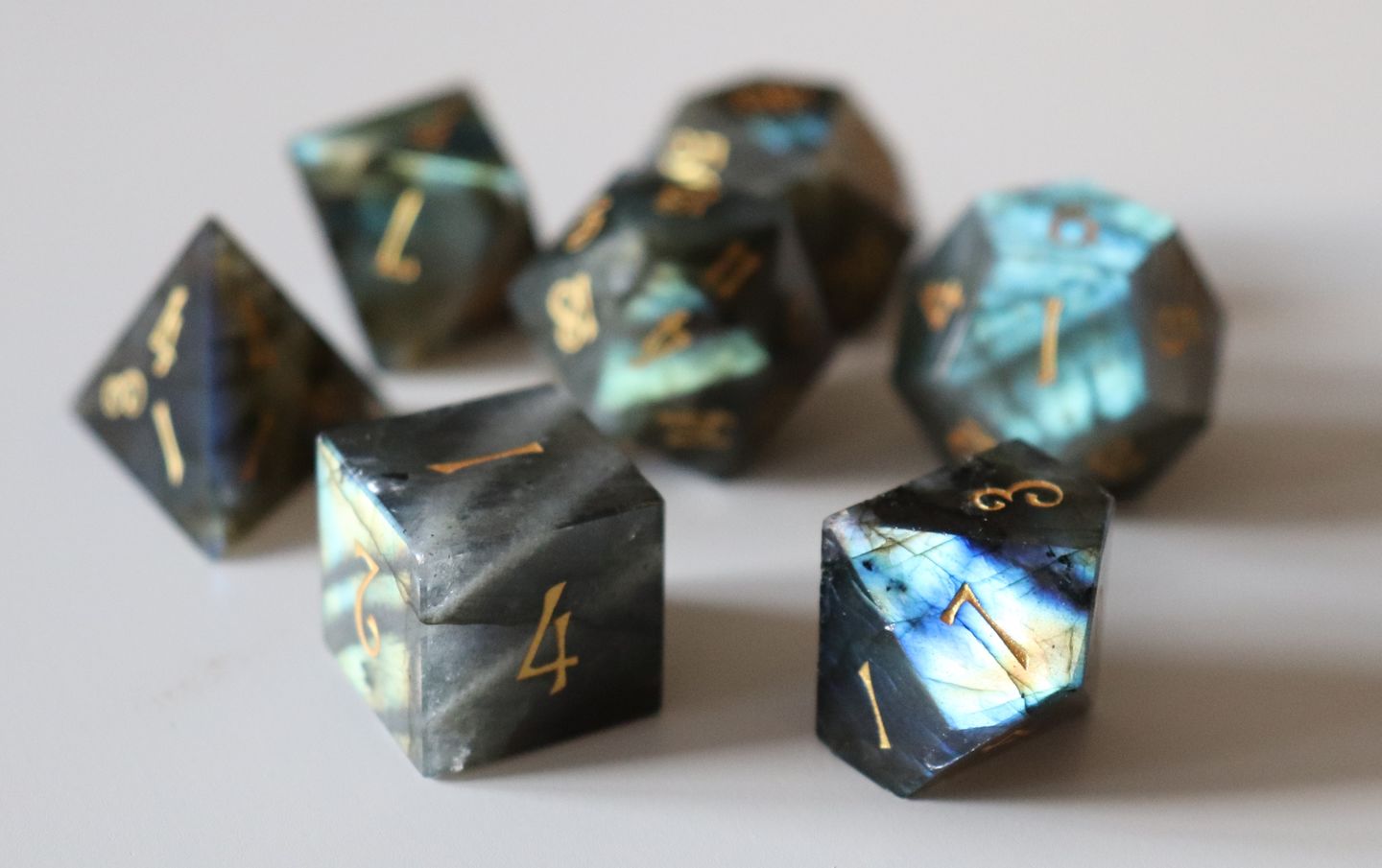 Customer photo review of URWizards D&D Labradorite Gemstone Engraved Dice Set