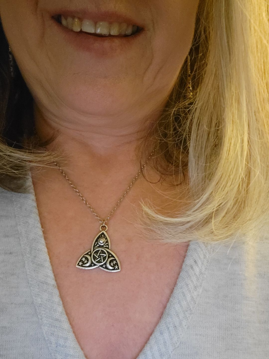 Customer photo review of Triple Moon Goddess Triquetra Necklace