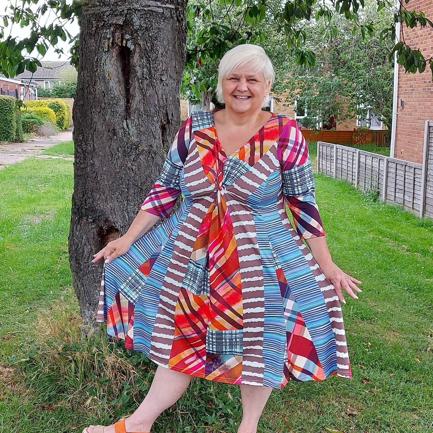 Customer photo review of Claudia Patchwork Print Peach Touch Jersey Knot Front Dress