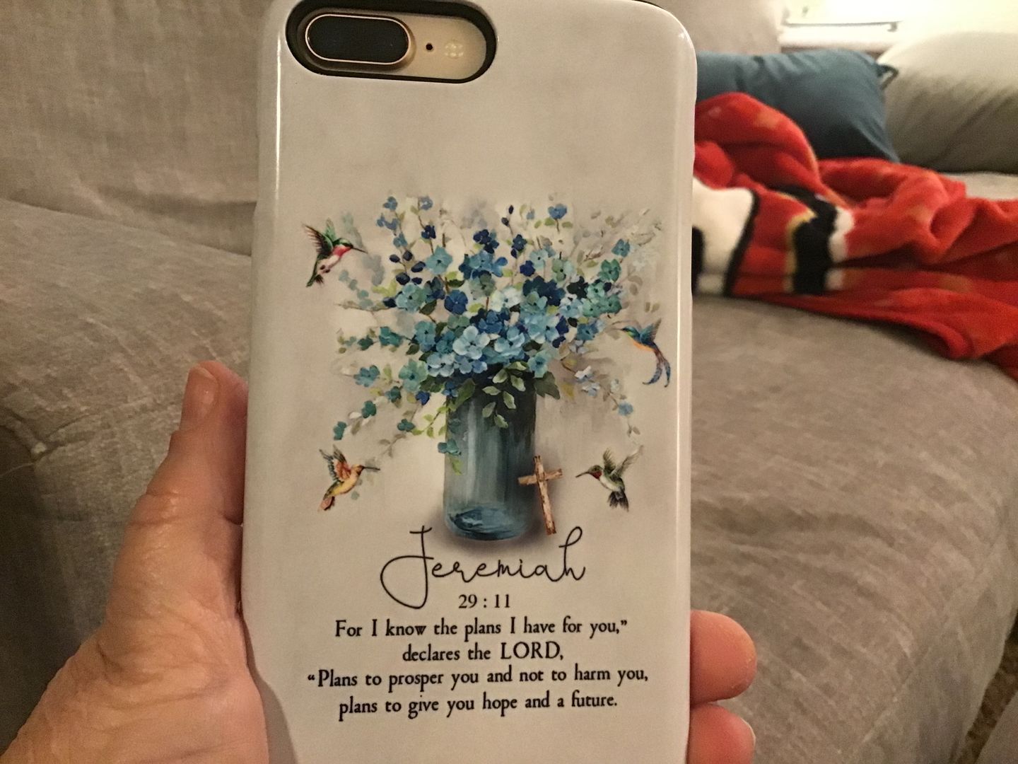 Customer photo review of Bible verse phone cases: Jeremiah 29:11 NIV, Hummingbird flowers phone case