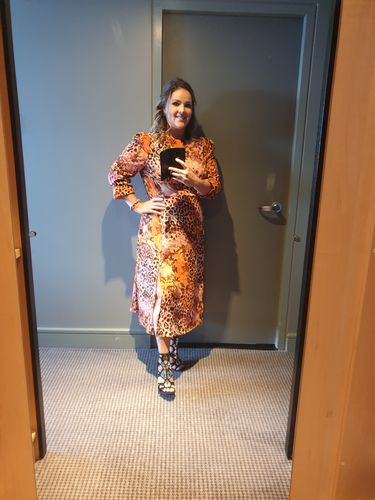 Customer photo review of Cass Orange Animal Print Midi Dress