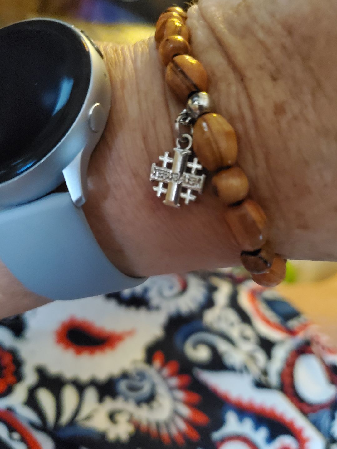 Customer photo review of Olive Wood Beads Bracelet with Pendant - Holy Land Bracelets