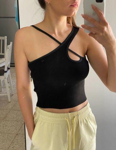 Customer photo review of Jules Asymmetrical Ribbed Crop Top