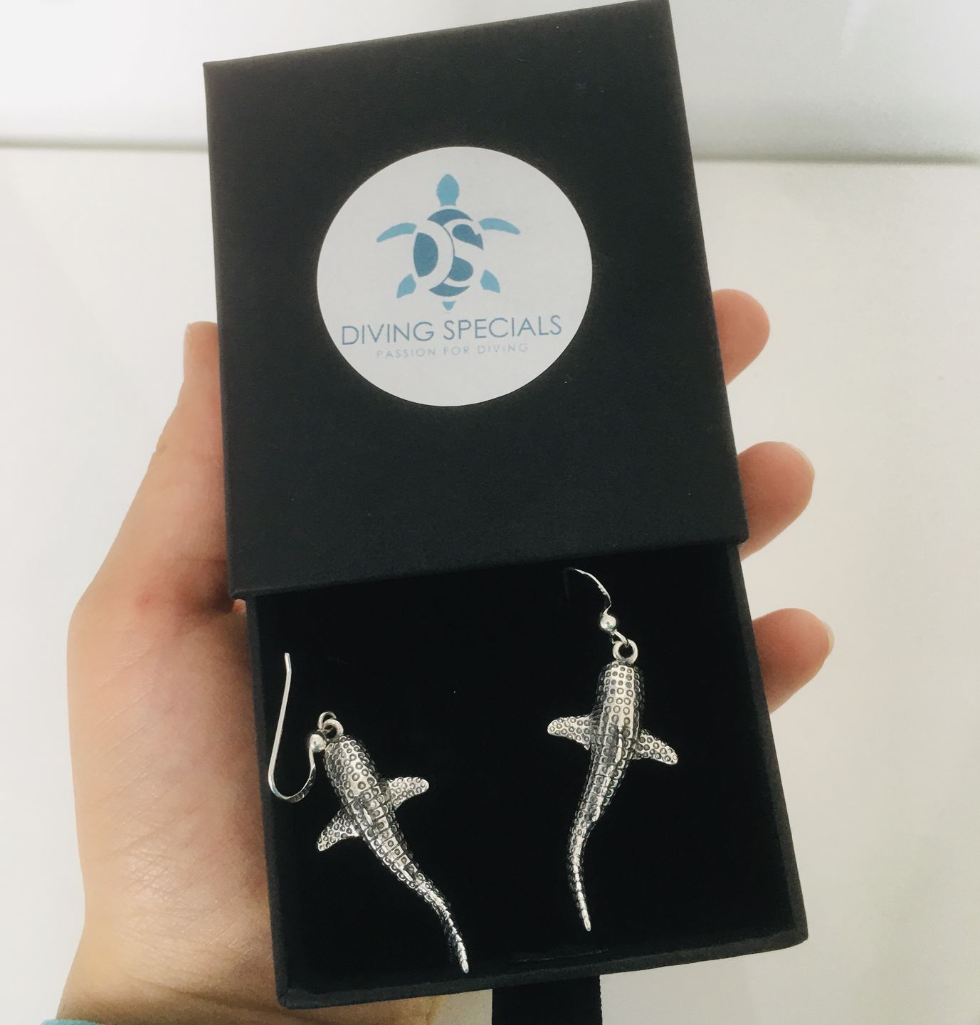 Customer photo review of Peter Stone Real Silver Whale Shark Silver Hook Earrings