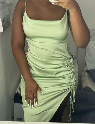 Customer photo review of Anna Satin Asymmetrical Ruched Dress