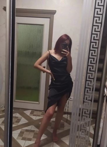 Customer photo review of Anna Satin Asymmetrical Ruched Dress