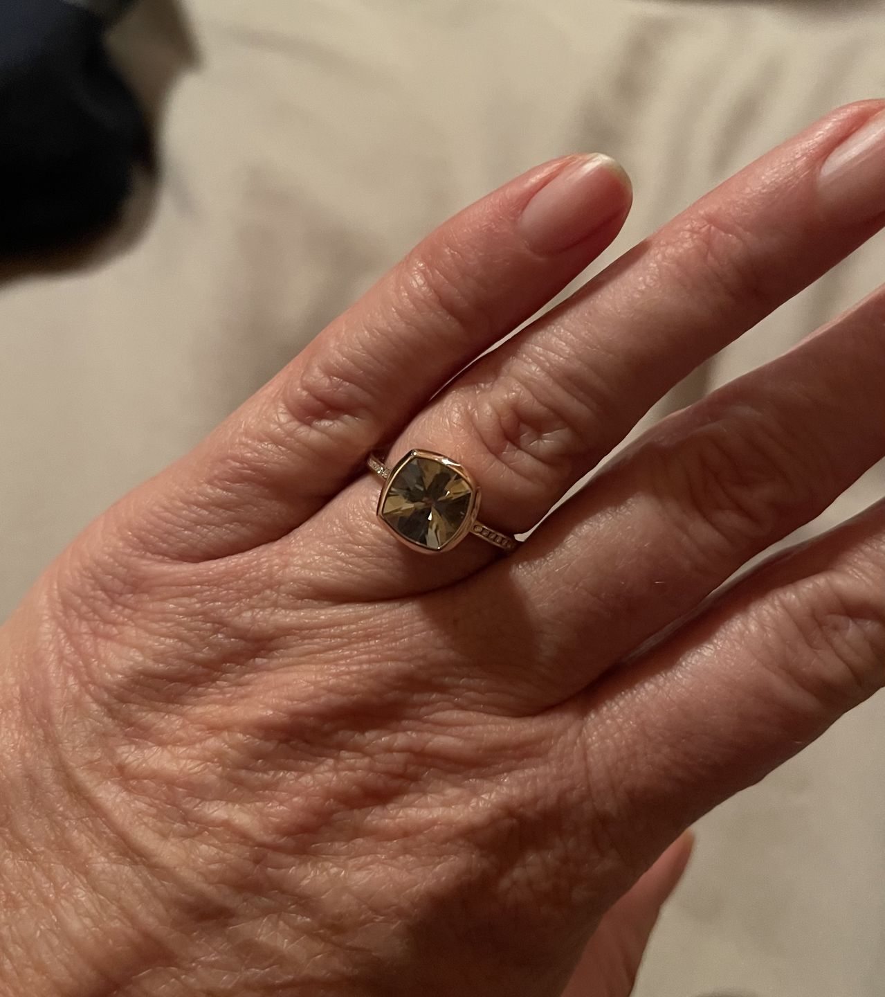 Customer photo review of Prasiolite and Diamond Rose gold Cushion Cut Bezel and Channel Ring - 9x9mm Prasiolite