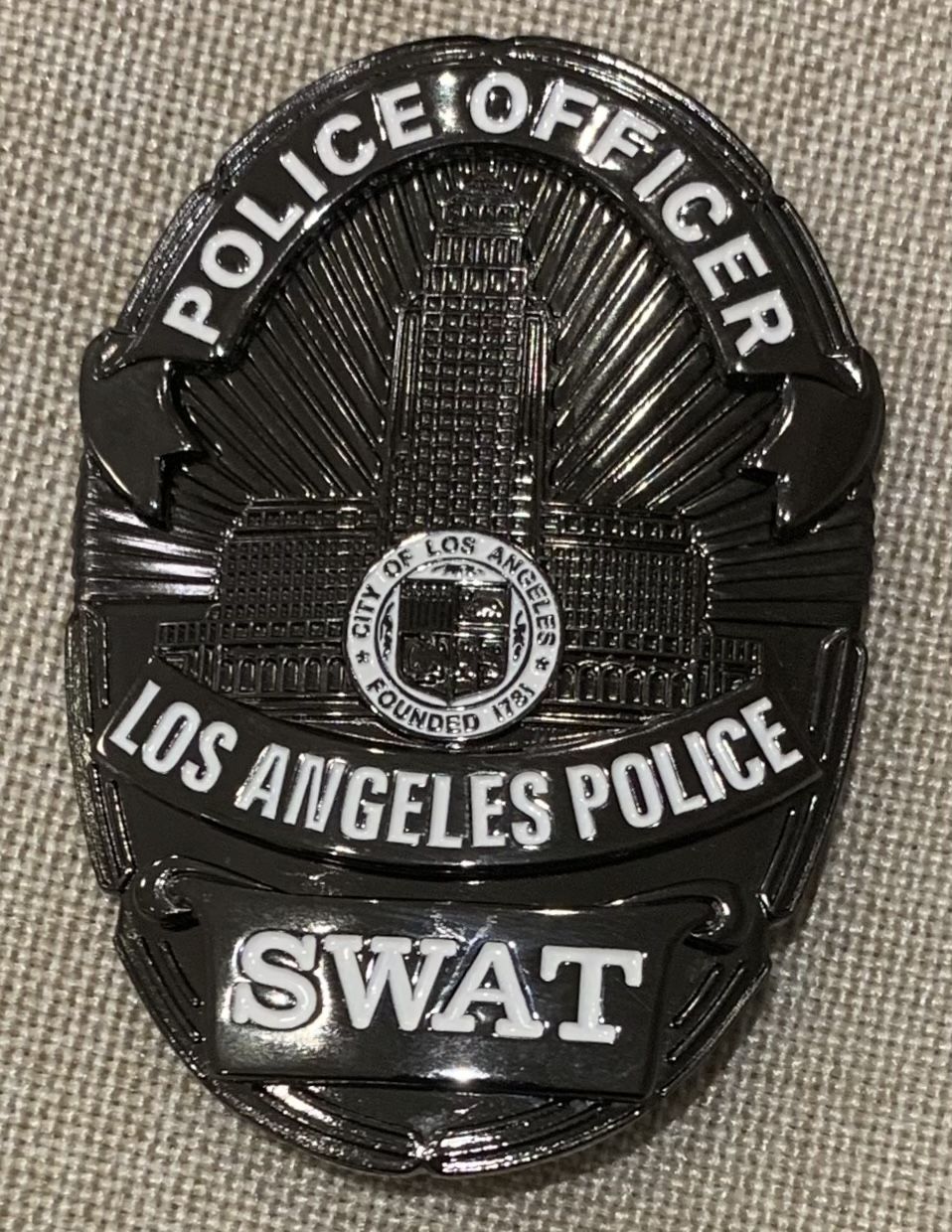 Customer photo review of LAPD Los Angeles Police SWAT Badge Solid Copper Replica Movie Props