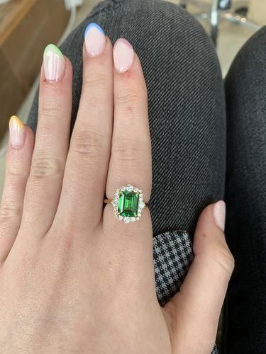 Customer photo review of S925 3.0Ct Emerald Cut Green/Red/Blue Stone Halo Engagement Ring Vintage Ring