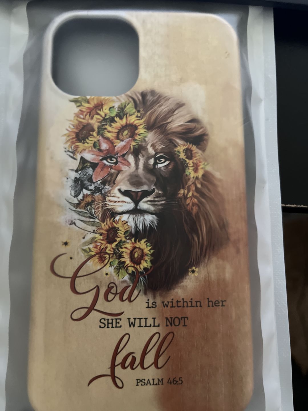 Customer photo review of Christian phone cases: God is within her she will not fall sunflower lion phone case