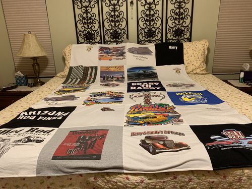 T-shirt quilt with automobiles, car shows themes by Mark from AZ