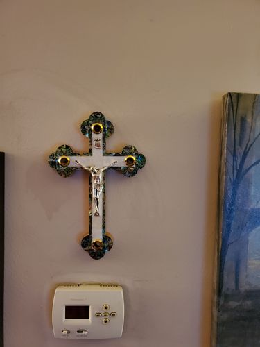 Customer photo review of Olive Wood Crucifix (Fully covered with Mother of Pearl) - Holy Land Crucifixes