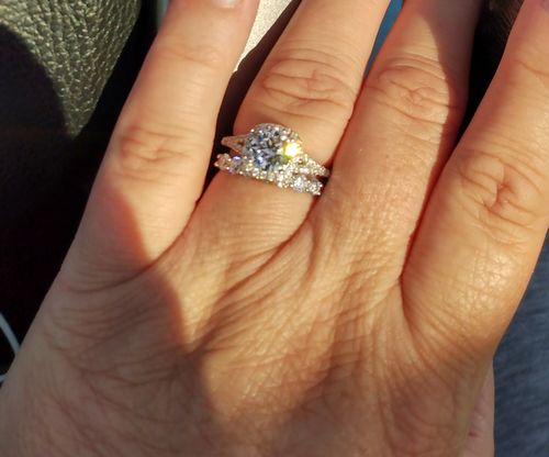 Customer photo review of Square Moissanite Halo Four Prong Pave Sterling Silver Wedding Ring