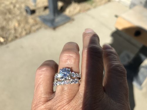 Customer photo review of Round Moissanite Sterling Silver Wedding Band Stackable Ring