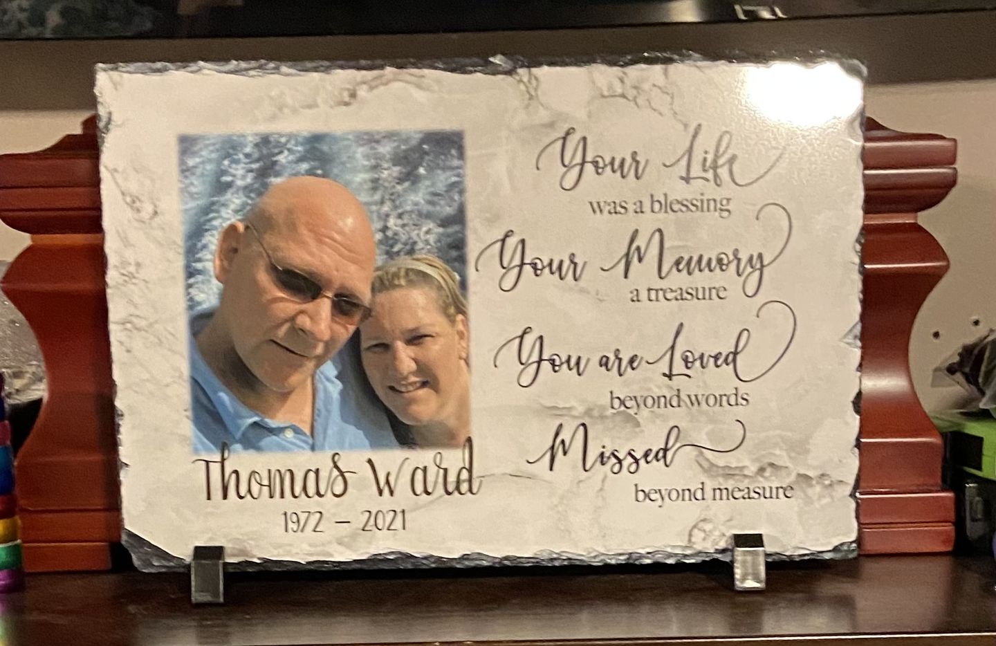 Customer photo review of In Loving Memory plaque, Personalized Memorial plaque for a lost one, lost loved one keepsake, sympathy gift photo slate, remembrance gift