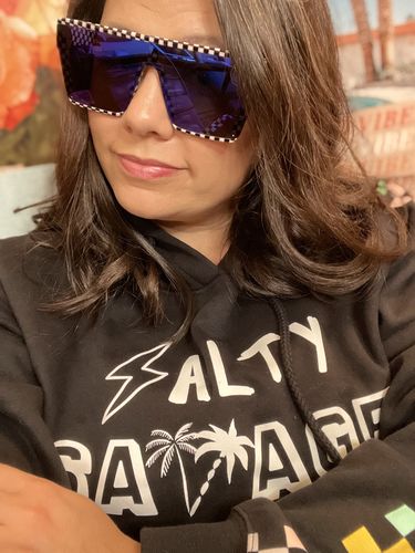 Customer photo review of Don't Be A Square Checkerboard Salty Smile Sunglasses | Blue Mirror