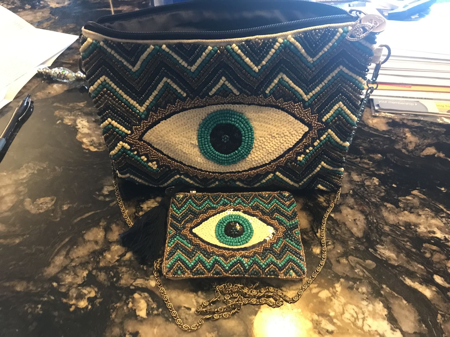 Customer photo review of Grecian Nights Evil Eye Embellished Mini Pouches