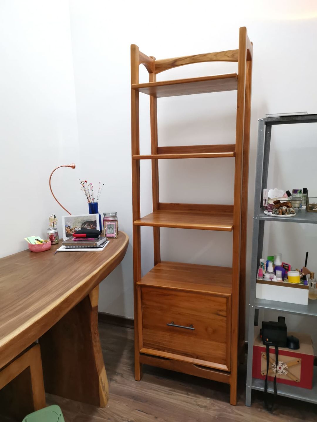 Customer photo review of Solid Teak Wood Shelf with 3 Tiers and 1 Drawer
