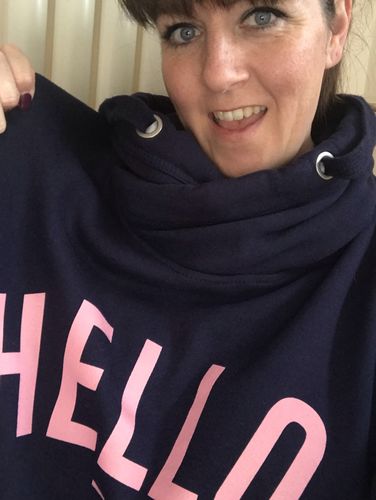 Customer photo review of Navy Pink Hello Cowl Neck Hoodie