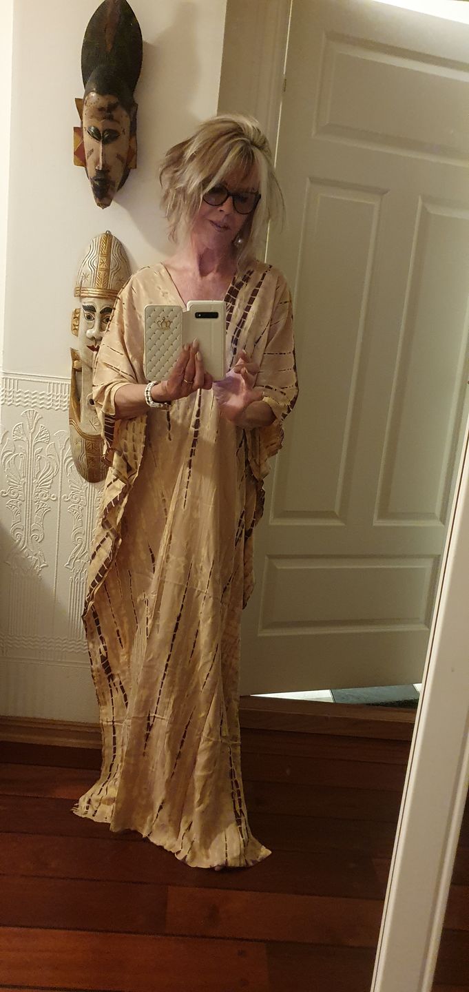 Customer photo review of Maxi Kaftan Dress Tie Dye Beige