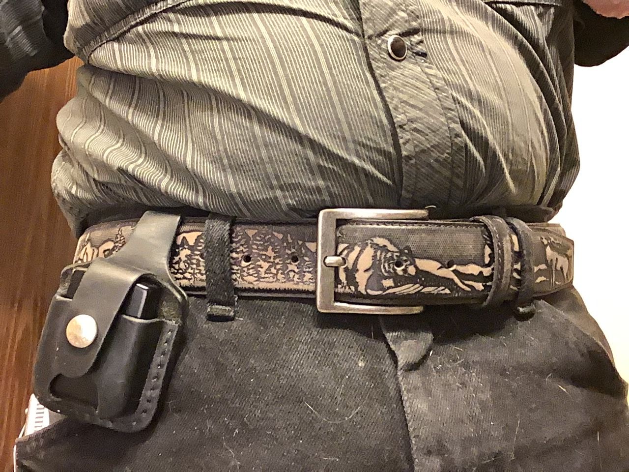 Customer photo review of The Wildlife Belt - Cognac Embossed Full Grain Leather Belt Made in Canada