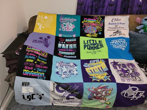 T-shirt quilt with cheerleading, athletics themes by Amy from MI