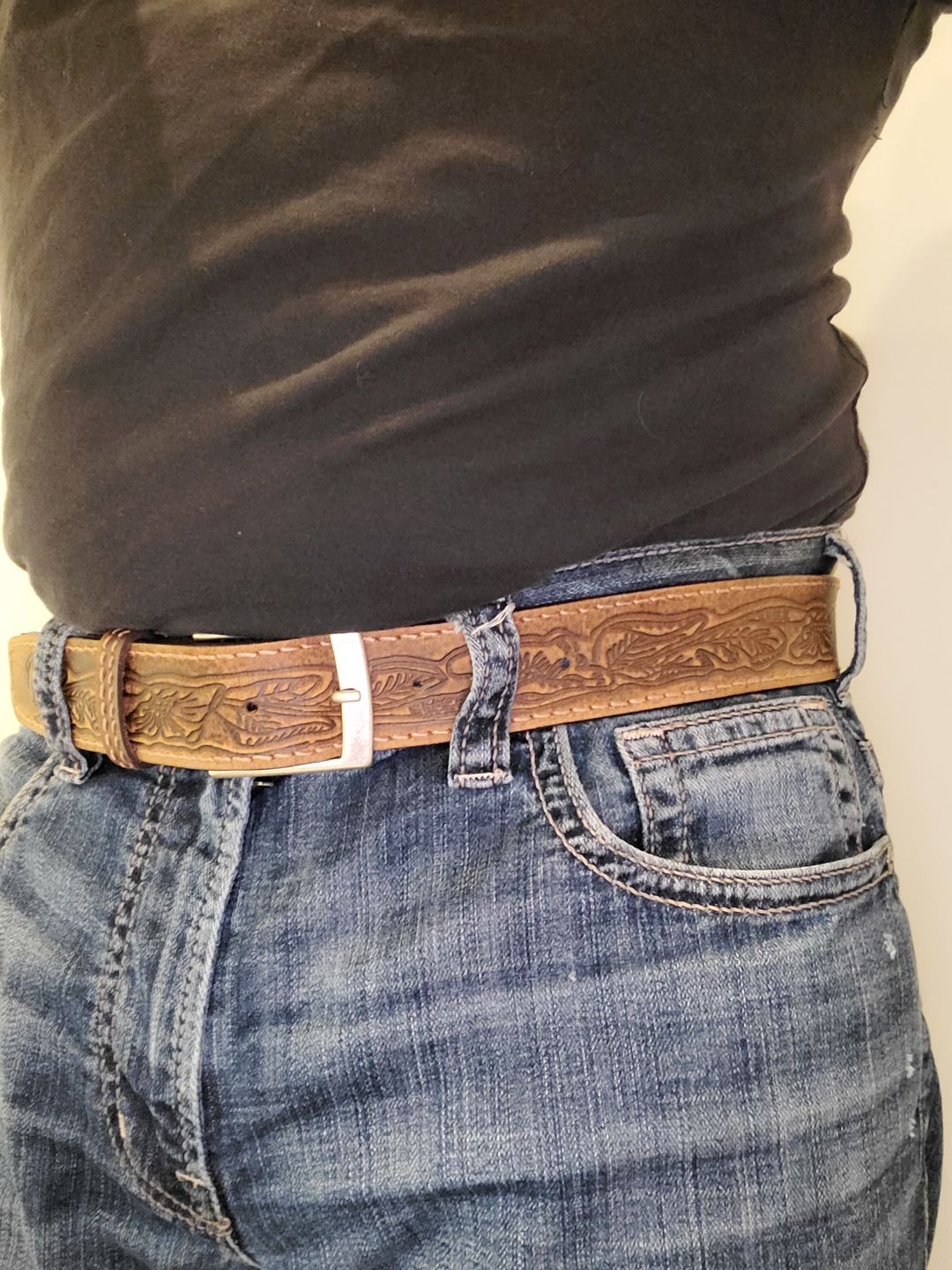 Customer photo review of The Wayfarer Belt - Brown Classic Western Embossed 100% Full Grain Leather Belt