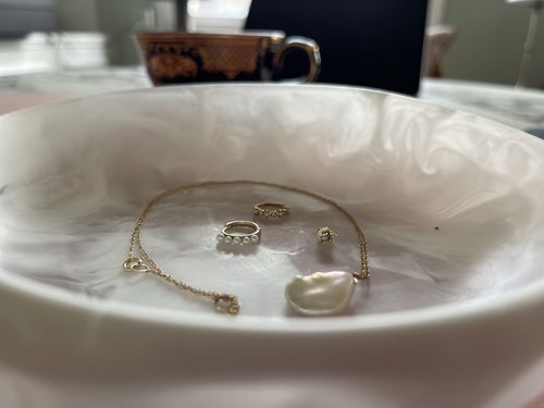 Customer photo review of Eleanor diamond and pearl huggies (PRE-ORDER)