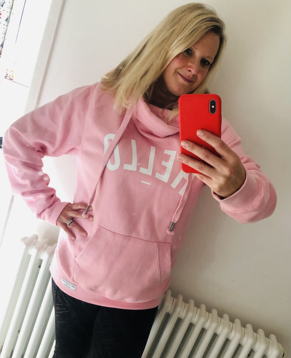 Customer photo review of Pink Hello Cowl Neck Hoodie