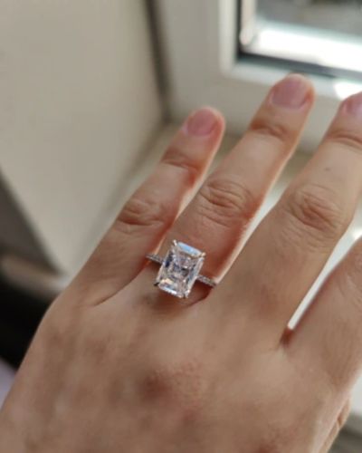 Customer photo review of 925 Sterling Silver Emerald Square  Cut Forever One Moissanite Solitaire with Side Accents Engagement Ring