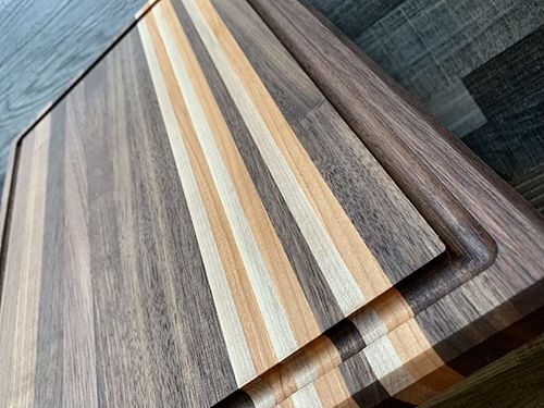 Customer photo review of Triple Wood Pattern Handmade Cutting Board - Walnut, Cherry & Maple