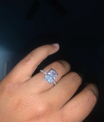 Customer photo review of 925 Sterling Silver Emerald Square  Cut Forever One Moissanite Solitaire with Side Accents Engagement Ring