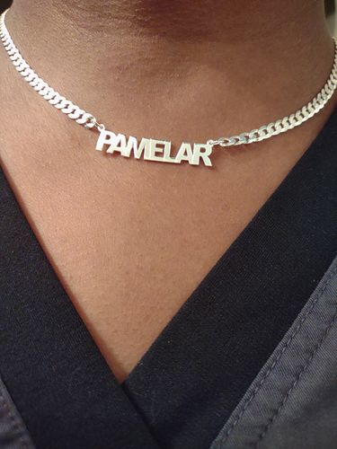 Customer photo review of Block Mini Name Necklace with Cuban Chain