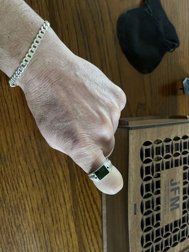 Customer photo review of Green Emerald Men's Signet Ring with Blue Sapphire Accents in Sterling Silver