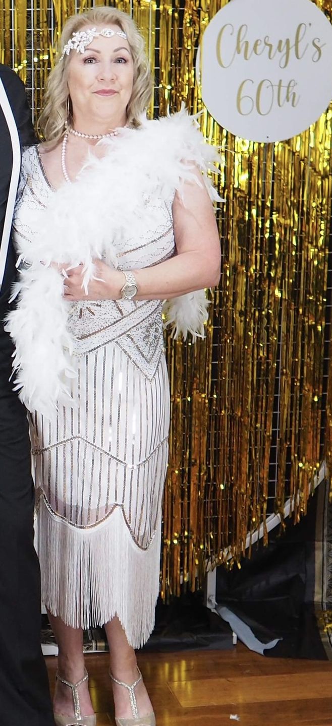 Customer photo review of Plus Size White & Gold Beaded Stella Flapper Dress