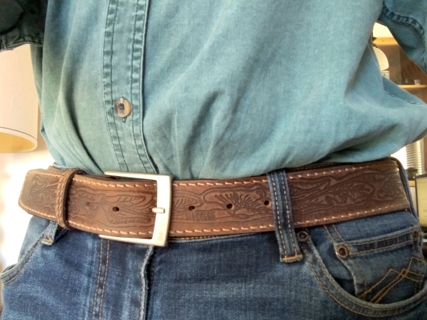 Customer photo review of The Wayfarer Belt - Brown Classic Western Embossed 100% Full Grain Leather Belt