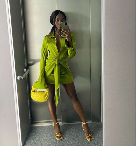 Customer photo review of Solid Color Feminine Lace-Up Mini Dress