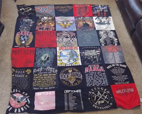 T-shirt quilt with music festivals, rock music themes by Athena from OH