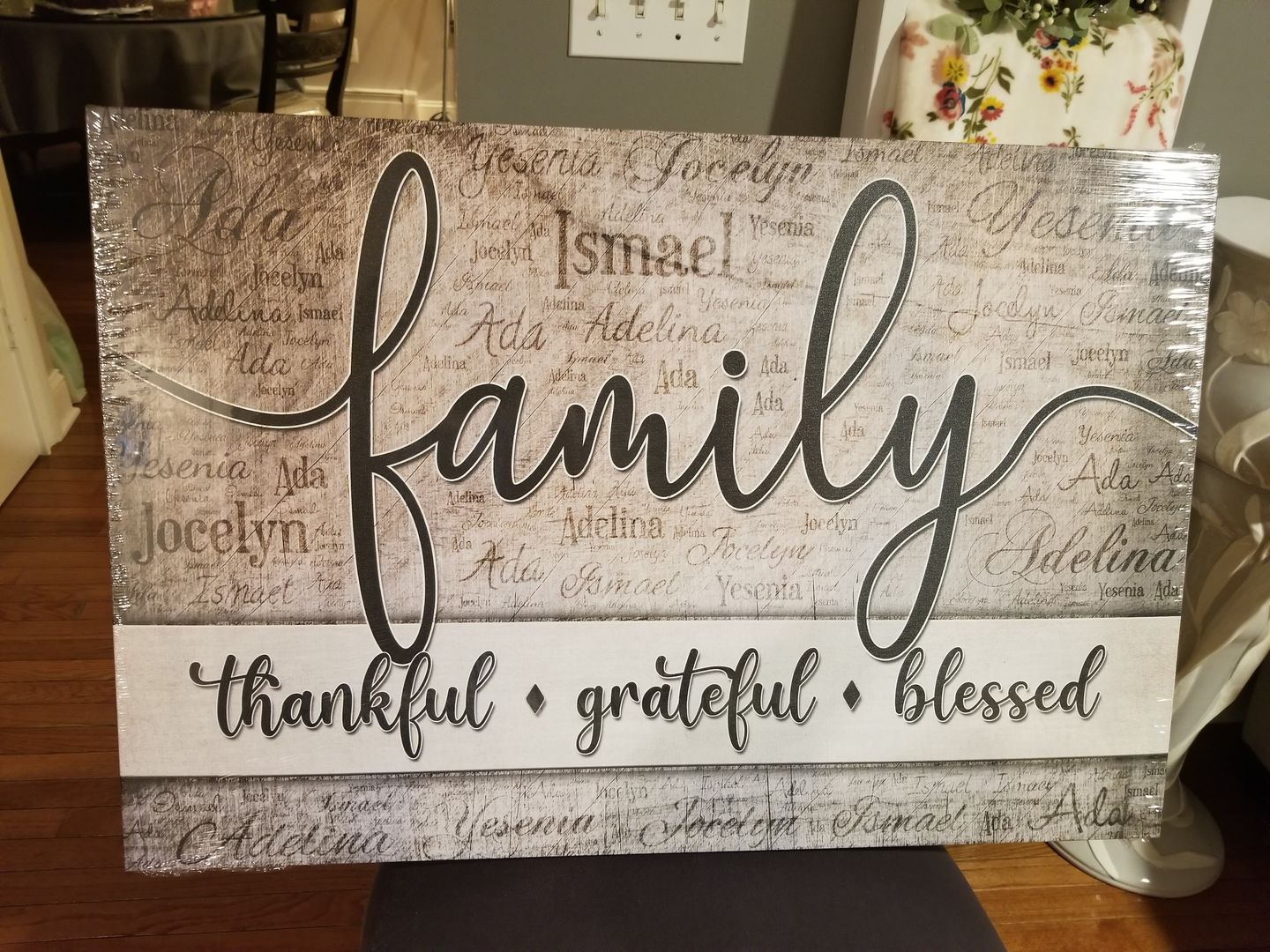 Customer photo review of Personalized "Family - Thankful, Grateful, Blessed" Names On Background Premium Canvas