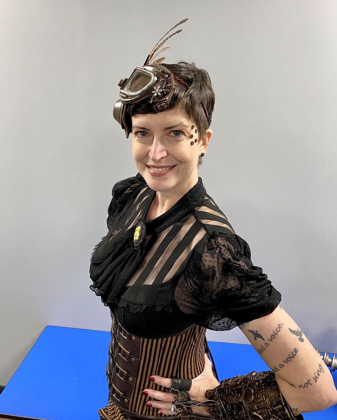 Customer photo review of Gemini Underbust Steampunk Corset In Brown Camel Stripes Cotton