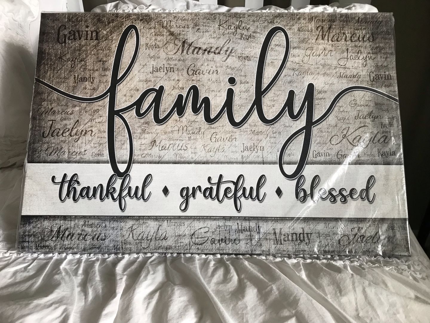 Customer photo review of Personalized "Family - Thankful, Grateful, Blessed" Names On Background Premium Canvas